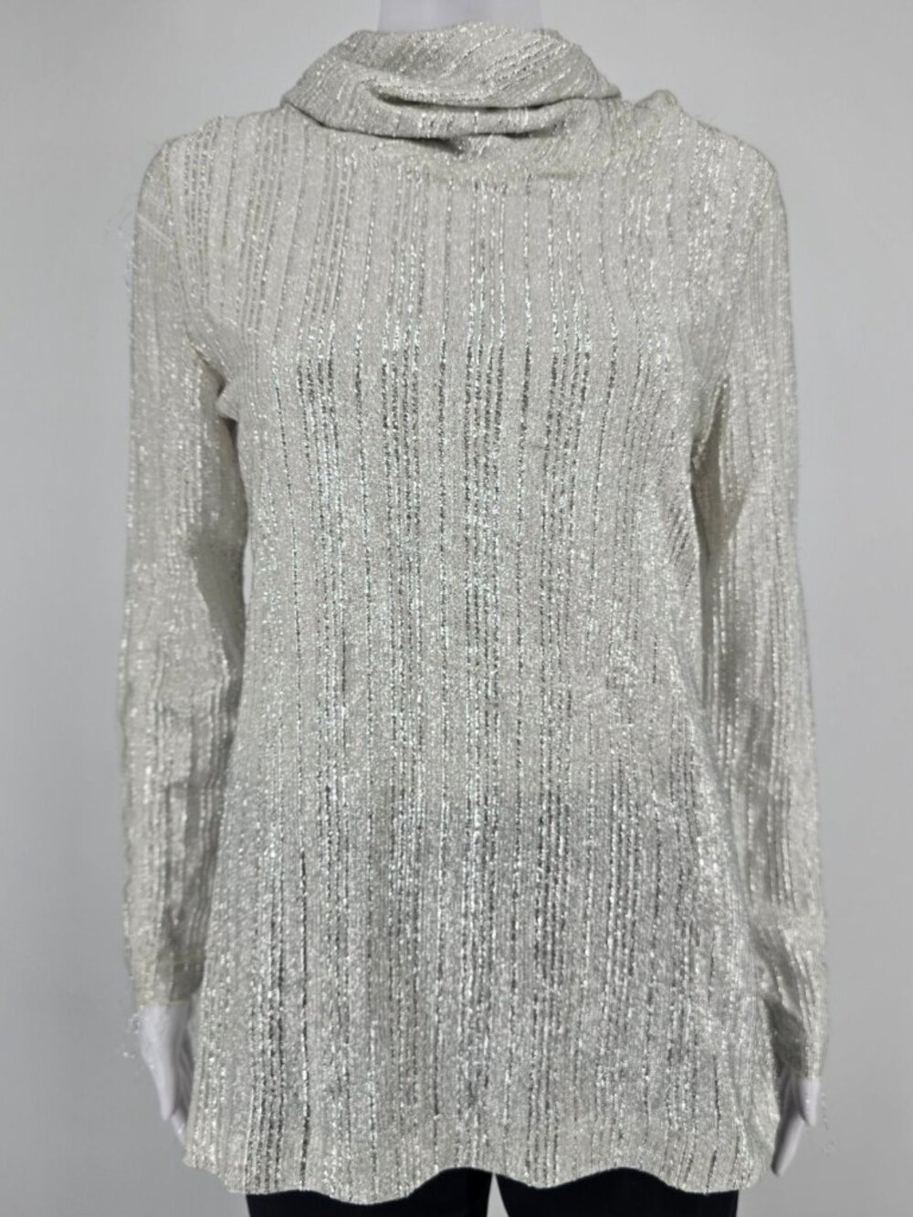 Vintage 1970s Judy Bond Metallic Silver Shimmer Cowl Neck Tunic Top (M/L)